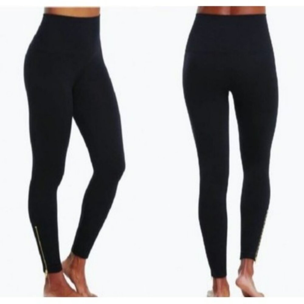 Spanx Black Leggings Size XS High Waisted With Gold Zipper Details Womens